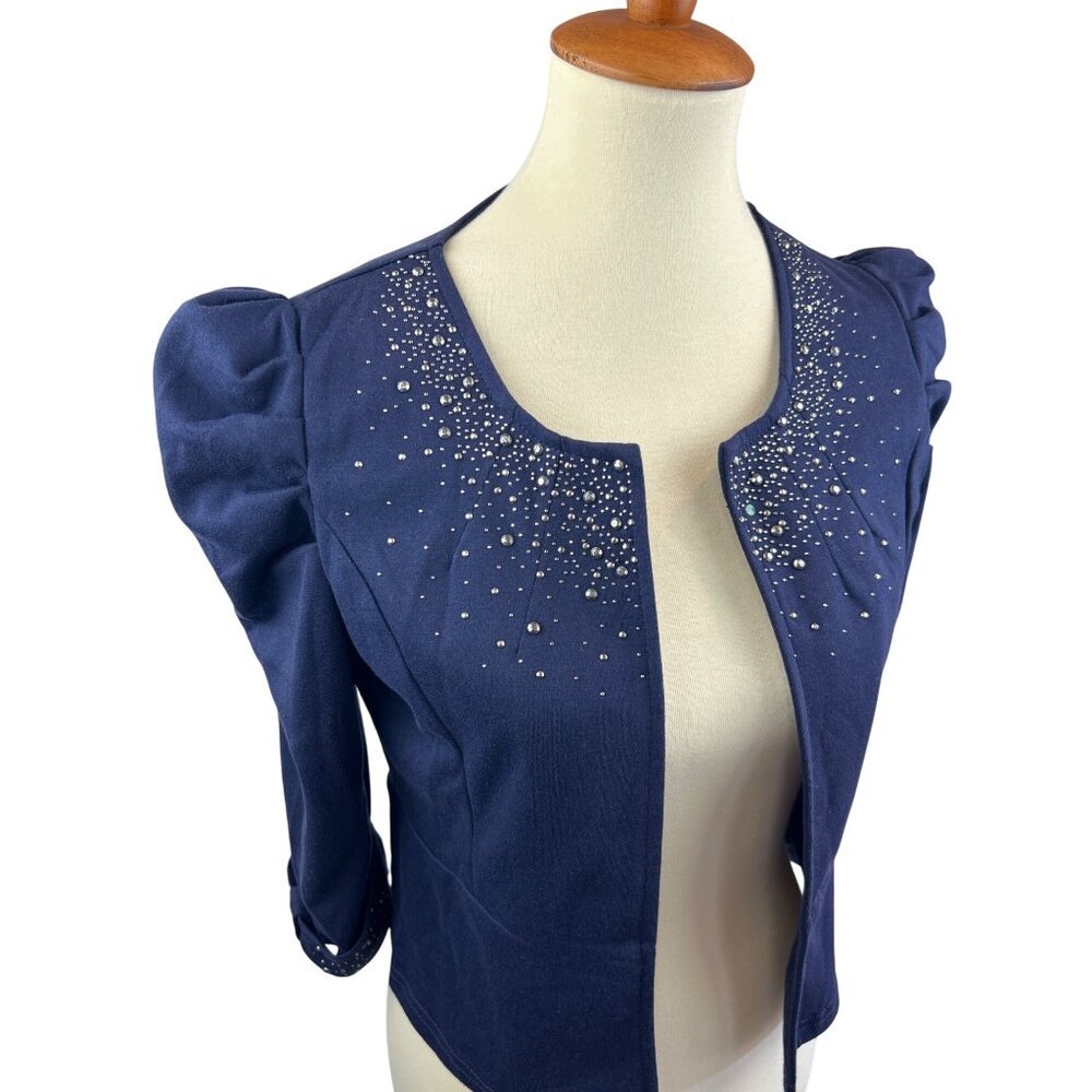 Eva Braun Puff Sleeve Cardigan Jacket Womens SM Navy Blue Rhinestone - Picture 2 of 10